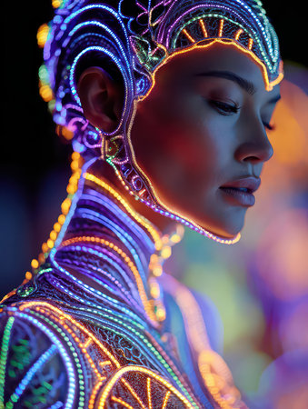 A striking portrait of a futuristic woman adorned with intricate glowing neon body art, showcasing creativity and innovation in a dark environment.の素材