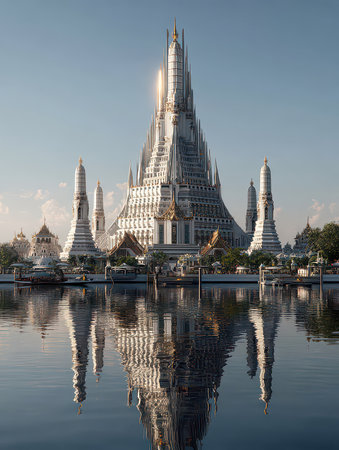 Stunning architecture of a majestic temple reflected in tranquil waters at twilight, showcasing intricate details and serene surroundings, ideal for travel enthusiasts.の素材