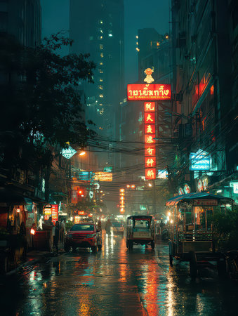 A captivating urban night scene featuring vibrant neon lights reflecting on rain-soaked streets. The atmosphere captures the energy of the city life.の素材