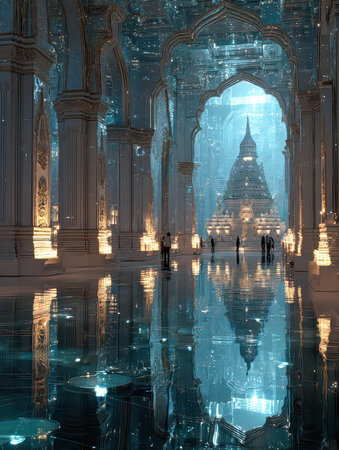 A breathtaking view of a crystal temple interior, showcasing stunning reflections on the polished floors. The serene atmosphere invites contemplation and wonder.の素材