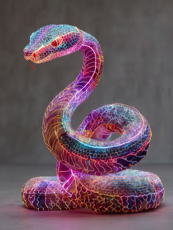 This stunning neon snake sculpture radiates vibrant colors and unique design, showcasing the beauty of digital art and creativity in a captivating display.の素材