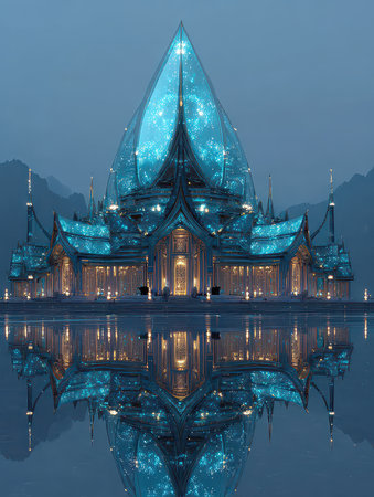 This image showcases a stunning temple structure reflecting in serene waters at dusk, surrounded by majestic mountains and a mystical atmosphere full of enchanting beauty.の素材