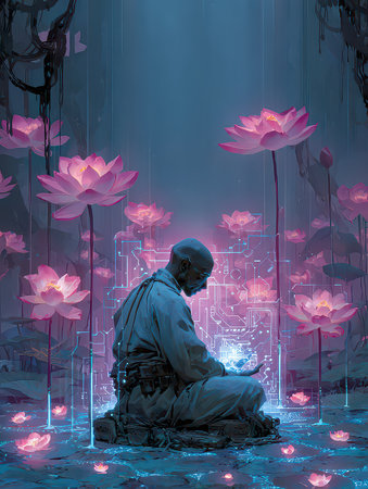 A serene figure meditates in a vibrant digital space filled with glowing lotus flowers, representing a fusion of nature, technology, and tranquility.の素材