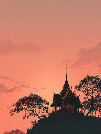 Stunning silhouette of a traditional temple set against a vibrant sunset sky, surrounded by lush trees, offering a peaceful and serene atmosphere.の素材