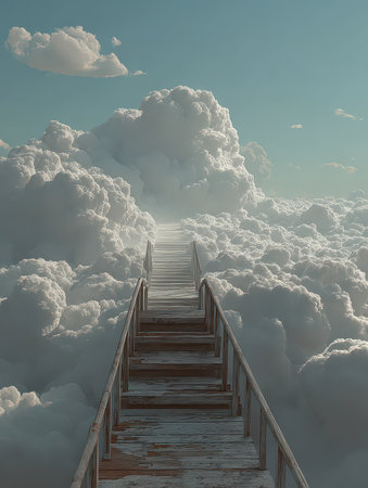 A surreal wooden stairway ascends through fluffy clouds, inviting viewers into an ethereal dreamscape. Perfect for themes of adventure and tranquility.の素材