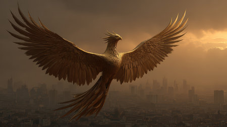 A stunning golden phoenix soars gracefully above a city skyline at sunset, its vast wings spread wide against a backdrop of dramatic clouds, embodying freedom and myth.の素材