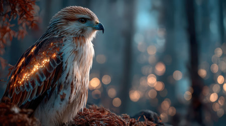 A striking bird of prey perches elegantly amid an ethereal forest, showcasing intricate feathers and vibrant lighting that captures the essence of natural beauty.の素材