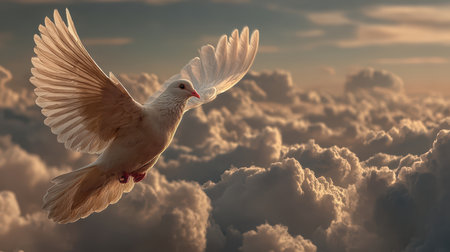 A stunning bird gracefully soars above soft, fluffy clouds during a vibrant sunset. The delicate wings stretch wide, capturing the essence of freedom and tranquility.の素材