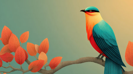 Stunning digital illustration of a vibrant bird perched on a branch surrounded by colorful autumn leaves, showcasing artistic details and serene beauty.の素材