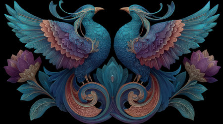 This mesmerizing illustration features two vibrant birds with intricate feathers, surrounded by beautiful floral elements. Ideal for decorative projects.の素材