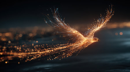 A mesmerizing golden phoenix soaring through a night sky, leaving a trail of shimmering sparkles. This artwork captures the beauty and magic of flight.の素材
