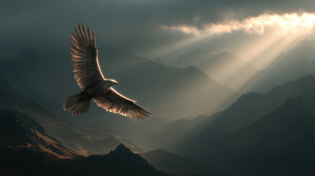 A stunning eagle glides gracefully over majestic mountains at sunrise, showcasing its powerful wings in a breathtaking natural landscape that inspires awe.の素材