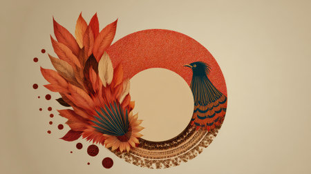 Explore this vibrant abstract artwork showcasing a colorful bird amidst warm-toned leaves. Perfect for enhancing any creative space or decor.の素材