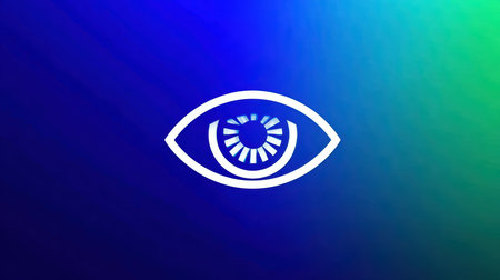 This image features an abstract representation of an eye symbol against a gradient backdrop of blue and green, embodying themes of vision, perception, and creativity.の素材