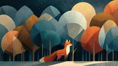 A stylized fox stands among vibrant trees in a mystical forest setting. The artwork captures a blend of colors and shapes, creating a serene ambiance.の素材