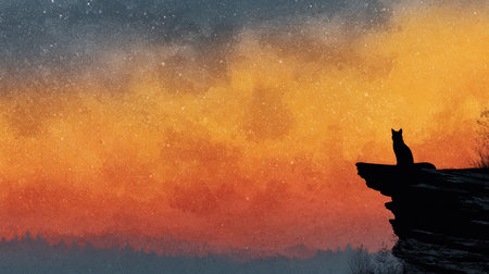 A stunning silhouette of a cat perched on a rock, gazing at a vibrant sunset blending with a starry night sky, creating an atmosphere of tranquility.の素材