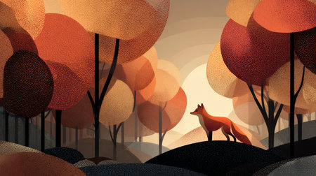 A serene fox stands on a hill in an autumn forest with colorful, abstract trees. The warm hues create a tranquil and artistic atmosphere. Perfect for nature lovers.の素材