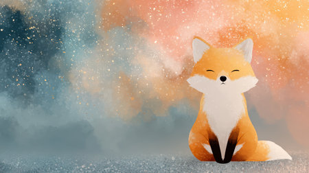 A delightful cartoon fox sits against a cosmic background, featuring vibrant colors and a whimsical atmosphere. Perfect for animal lovers and art enthusiasts.の素材