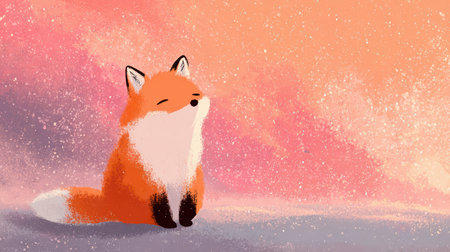 This charming illustration features a cute cartoon fox enjoying a peaceful moment against a dreamy, colorful background. Perfect for nature and animal lovers.の素材
