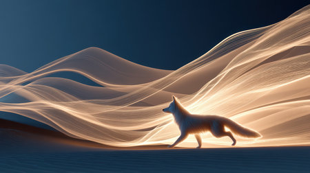A mesmerizing scene of a fox walking amidst flowing light waves, creating a tranquil and dreamlike atmosphere at twilight, highlighting the beauty of nature.の素材