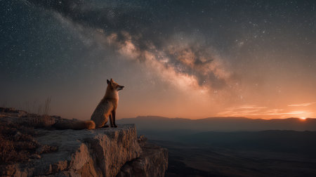 A serene fox gazes at a stunning starry sky filled with the Milky Way. The vibrant sunset casts beautiful hues over the landscape, creating a moment of pure tranquility in the wilderness.の素材
