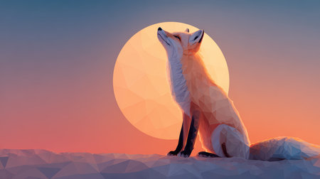 This stunning geometric illustration showcases a fox silhouette against a beautiful sunset. The warm colors and tranquil scene evoke a sense of peace and wonder.の素材
