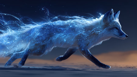 This captivating image showcases a blue fox gracefully moving through a surreal landscape, leaving a trail of shimmering stardust. The ethereal scene evokes a sense of magic and wonder.の素材