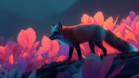 A mystical fox stands gracefully among vibrant neon flora, creating a serene and enchanting atmosphere in this surreal landscape scene. Captivating colors illuminate the tranquil environment.の素材