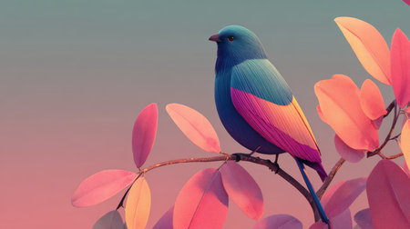 A stunning colorful bird perched on a branch with vibrant leaves, showcasing intricate details of its plumage. The soft, pastel backdrop enhances the serene beauty of nature.の素材
