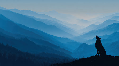 A stunning silhouette of a wolf howling atop a mountain peak at dusk. The soft blue tones of the landscape enhance the serene atmosphere, perfect for nature lovers.の素材