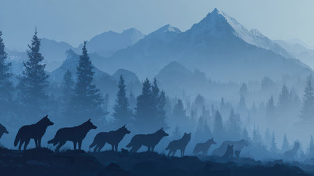 Majestic silhouettes of wolves traverse a misty mountain landscape at dusk, capturing the beauty of nature and wildlife in a tranquil atmosphere.の素材