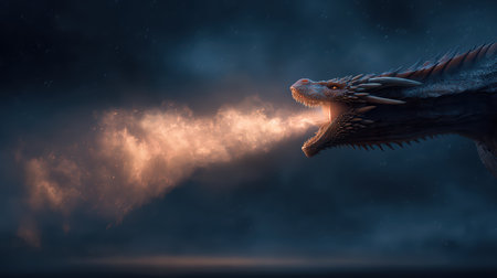 A dramatic and enchanting scene featuring a majestic dragon breathing fire into the night sky. The mystical atmosphere captivates with vivid colors and swirling smoke.の素材