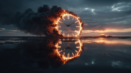 A dramatic scene featuring a burning clock emerging from the water, surrounded by swirling smoke. The sunset adds an enchanting backdrop, creating a surreal atmosphere.の素材