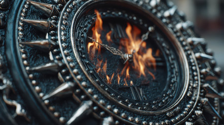 A striking clock design emerges with intense flames, merging time and destruction in an artistic representation. The contrasting elements create a captivating visual experience.の素材