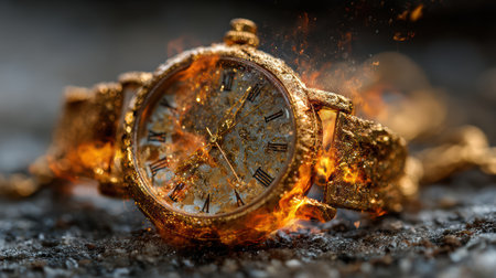 A stunning gold watch encased in flames and sparkles, set against a dark background. This artistic representation highlights luxury and timekeeping elegance.の素材