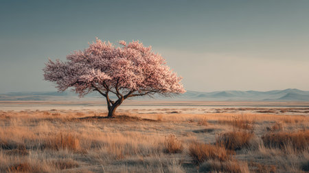 A beautiful pink blossom tree stands alone in a serene landscape, surrounded by golden grass and gentle hills, creating a peaceful and tranquil atmosphere.の素材