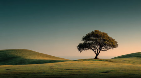 A tranquil scene featuring a solitary tree on rolling hills at sunrise, creating a sense of peace and solitude in a beautiful natural landscape.の素材