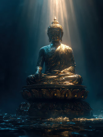 A stunning Buddha statue radiating serenity, set against soft lighting and tranquil water reflections, creating a peaceful atmosphere for meditation and contemplation.の素材