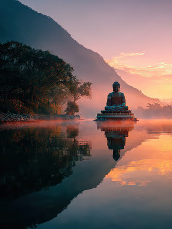 Serene view of a Buddha statue sitting by calm water during sunrise, creating a tranquil reflection. Embrace the peaceful essence of nature at dawn.の素材