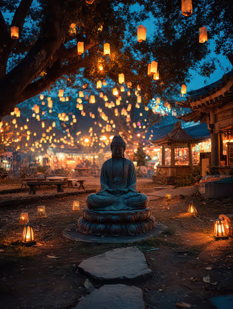 A serene Buddha statue surrounded by glowing lanterns creates a tranquil atmosphere. The evening scene invites reflection and peace, blending nature and art.の素材