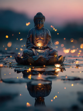 A breathtaking Buddha statue surrounded by lotus flowers and glowing lights, reflecting in calm water. This scene embodies tranquility, peace, and spiritual beauty.の素材
