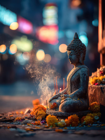 A serene Buddha statue sits amidst vibrant flowers and incense smoke, capturing a moment of tranquility and devotion. The enchanting atmosphere invites reflection.の素材