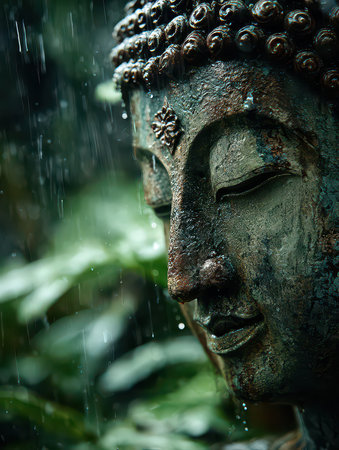 A close-up image of a serene Buddha statue adorned with water droplets, surrounded by lush greenery, evoking feelings of tranquility and peace in nature.の素材