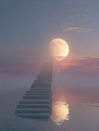 A serene and ethereal scene featuring stairs leading to a full moon, reflected in calm water. Soft colors and mist create a dreamlike atmosphere, inviting reflection.の素材