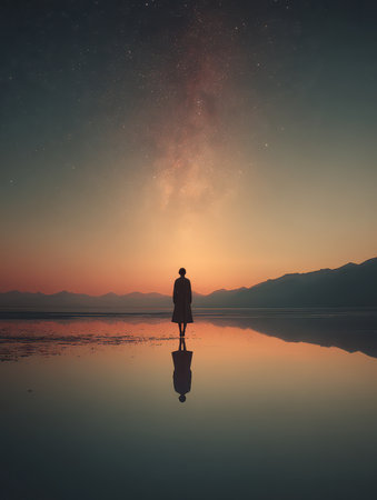 A lone figure stands in reflective water as the vibrant colors of sunset blend with a starry sky. The serene atmosphere captures the beauty of nature and solitude.の素材