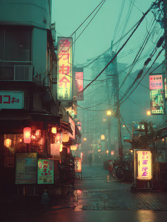 A captivating urban scene featuring a foggy night alley illuminated by vibrant neon signs and lanterns. Ideal for showcasing city atmosphere and nightlife.の素材