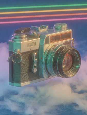 A stunning vintage camera floats amid soft fog, illuminated by vibrant neon lights. This artistic composition captures the essence of retro photography, evoking nostalgia.の素材