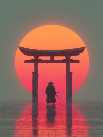 A serene silhouette of a samurai stands at a torii gate during a vivid sunset. The warm orange hues reflect a tranquil atmosphere, embodying peace.の素材