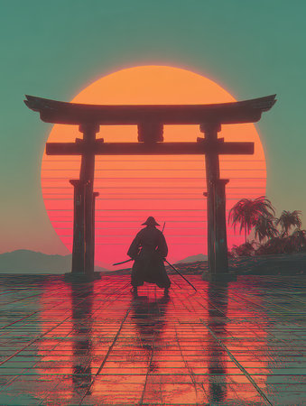 A solitary samurai stands beneath a traditional archway at sunset, creating a serene atmosphere that merges culture and nature in vibrant colors.の素材