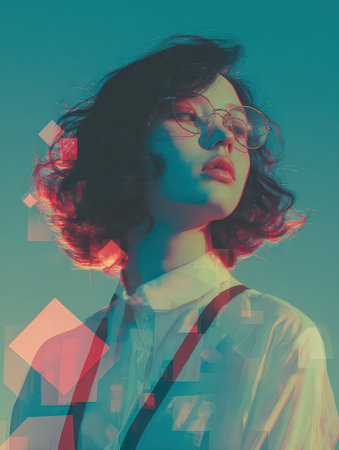 This artistic portrait features a woman with curly hair wearing glasses, captured in vibrant colors and an abstract style. A blend of creativity and modern aesthetics.の素材